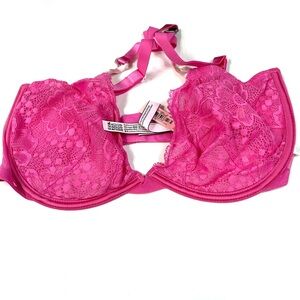 NEW Victorias Secret 36DDD Unlined Demi Bra Solid Pink Floral Lace #0626